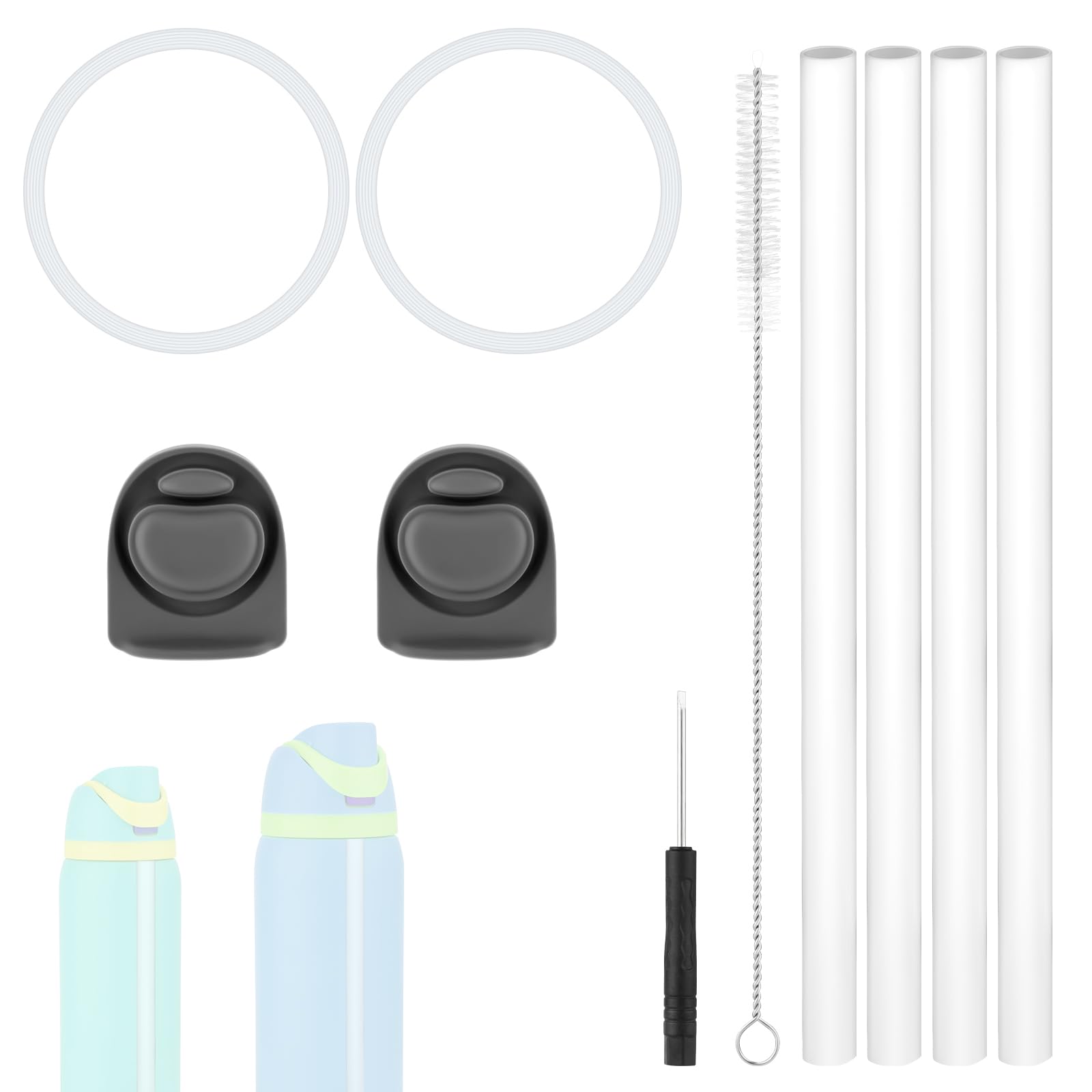 Replacement Parts Kit Accessories for Owala Freesip 24oz 32oz, 2 Bottle Lid Top Stopper Plug 2 Bottle Gasket Seal Ring with Screwdriver Cleaner Straw Brush and 4 Straw (Gray)