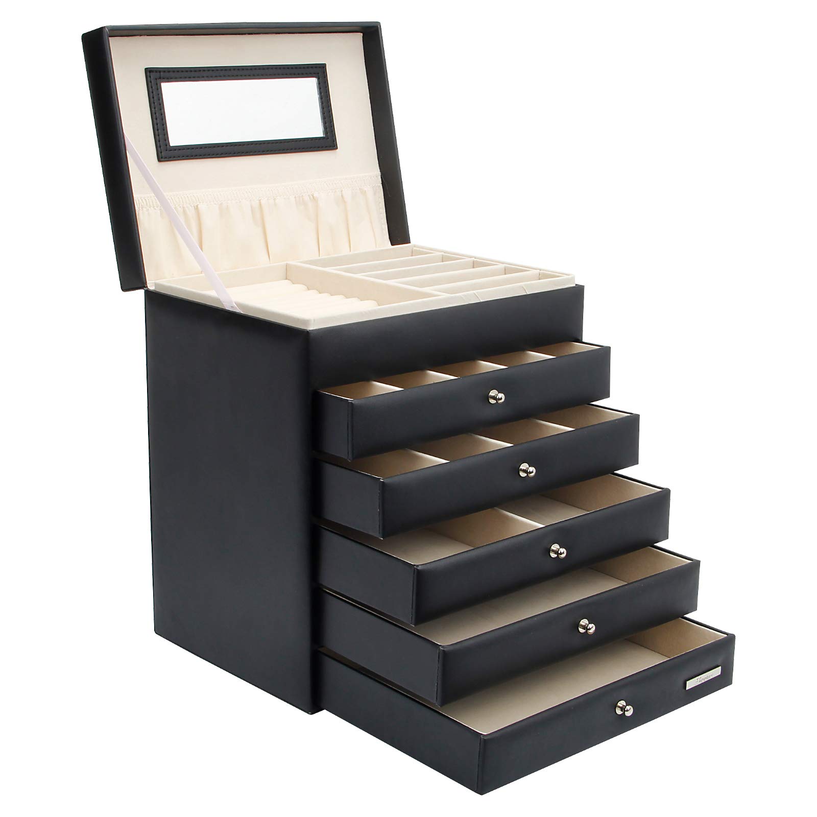 Yorbay Portagioie Scatole per gioielli Custodia con specchio Cofanetto orologi braccialletti anelli (5 cassetti, Nero) Riutilizzabile
