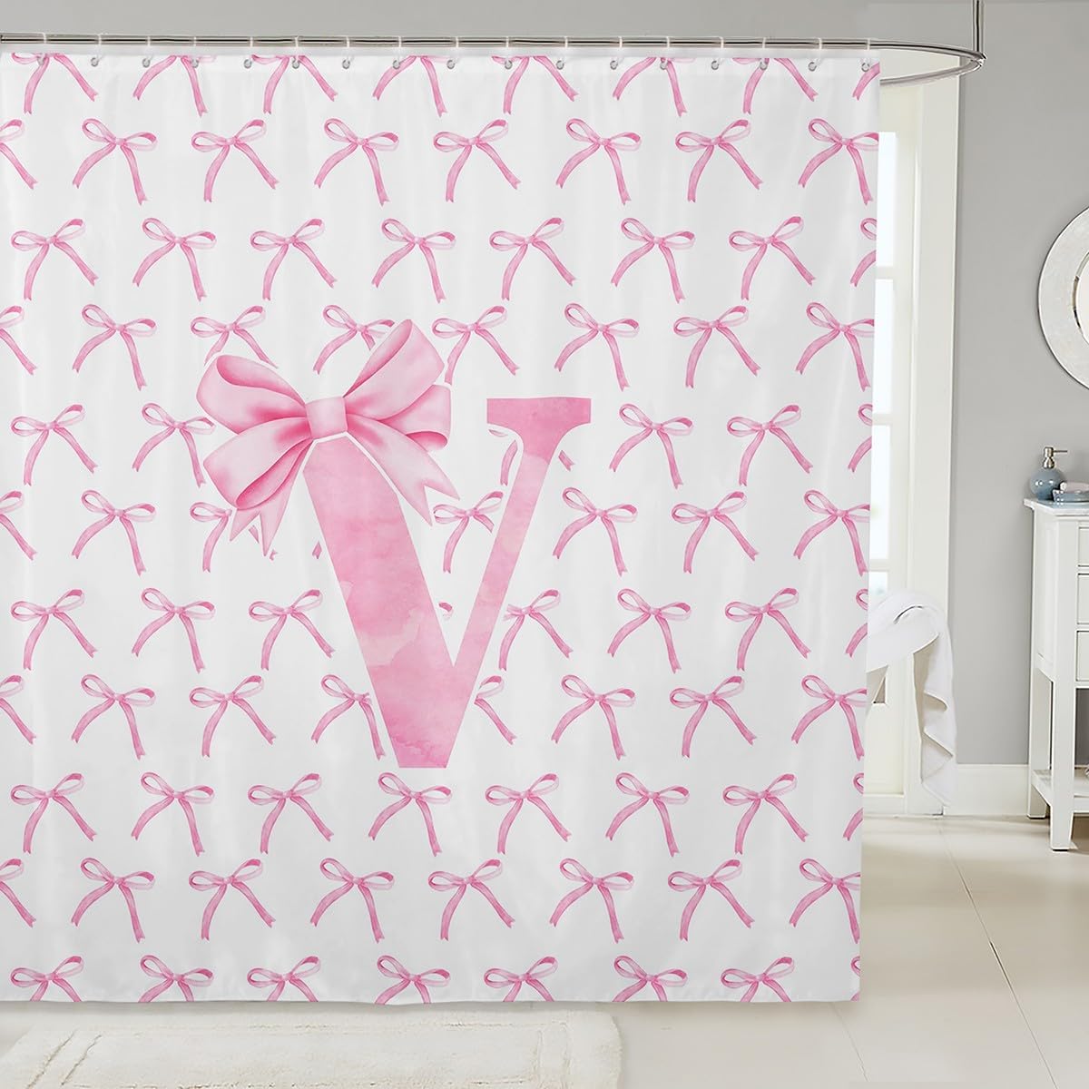 Manfei Cartoon Bowknot Kids Shower Curtains,Pink Bow Tie Letter V Knot Princess Girls Women Bathroom Curtains,Watercolor Bow Patchwork Pink White Waterproof Curtains,12 Hooks Suits,72" W x 78" L