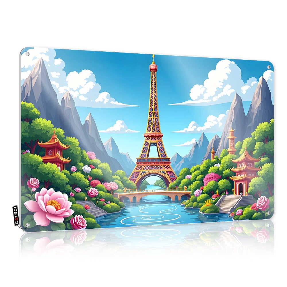 Fzfn Girls Colour Tin Wall Decor Grunge Designer Colorful Fusion: Eiffel Tower Amidst Asian Gardens - Vintage Wall Decor For Man Cave Bar(30X40cm)