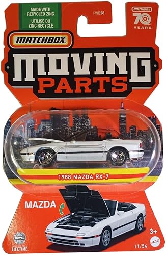Piezas móviles coleccionables Matchbox Vehículo fundido a presión Mazda RX-7 Convertible 1988 HLF96 Blanco Fabricado con zinc reciclado