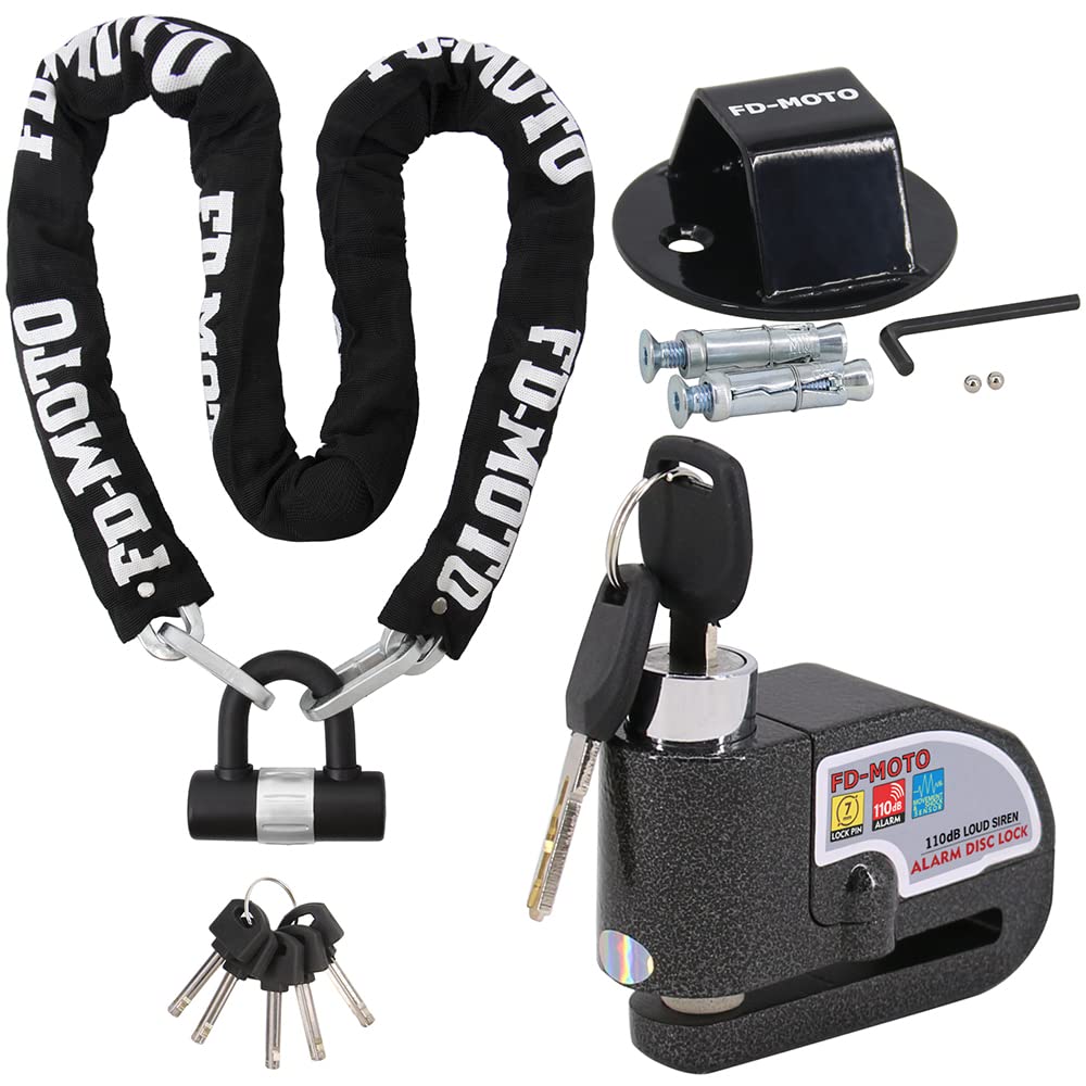 FD-Moto 3.4KG Anti-Theft 1.5M*10mm Chain Lock Padlock + Alarm Brake Disc Lock Black + Ground Wall Anchor Heavy Duty for Motorbike Motorcycle Scooter Bike Bicycle ATV