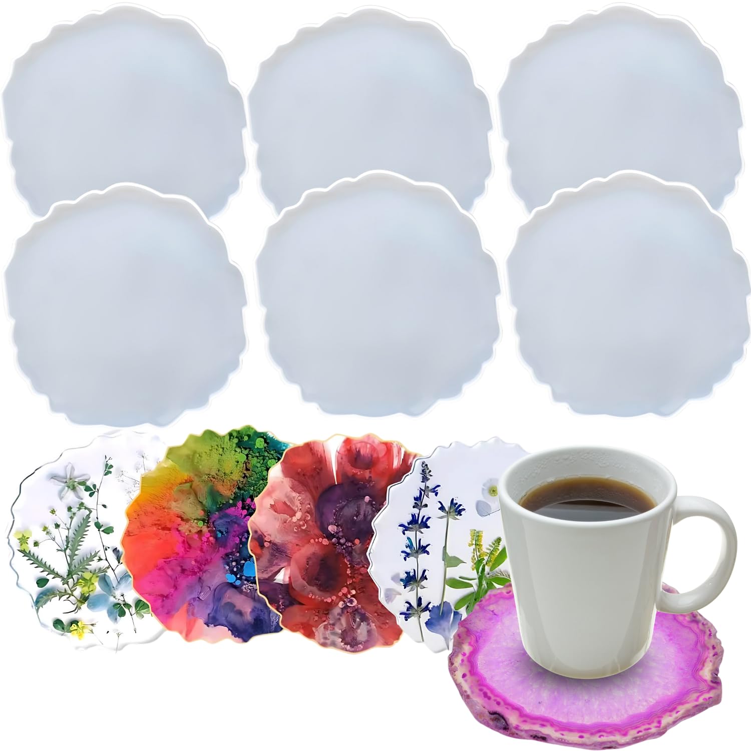 Oytra Resin Coaster Mould Agate 4 Inch Set of 6 Silicone Mold for Photo Frame Serving Tray for DIY Casting Crafting Materials Set for Beginners and Artists
