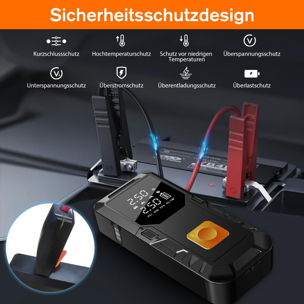 Junsun Auto Starthilfe Luftpump Powerbank 450A 12V 18W 12000mAh Junmper Starter mit Bildschirm 6.5L Gas, 5.0L Diesel Luftpump für Auto, Motorrad, Bälle