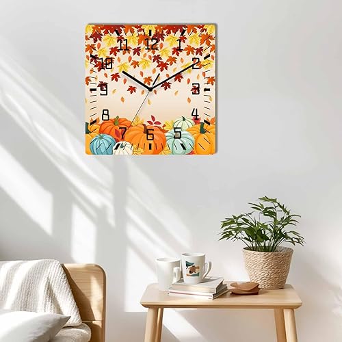 Miniatura 2 de Pumpkins Fall Wooden Wall Clock Silent Non Ticking, Thanksgiving Autumn Maple Leaves Harvest Square Wall Clock Battery Operated, Decor Clock for
