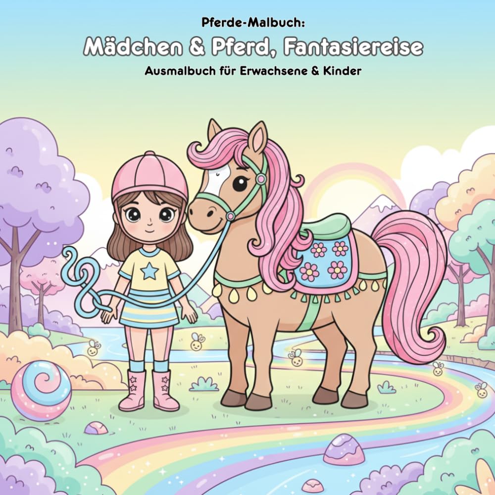 Mädchen & Pferd, Fantasiereise: Malbuch Geschichte: Für Erwachsene & Kinder: 36 Ausmalbilder 21.59 x 21.59 cm - Eine zauberhafte Geschichte mit großen Motiven