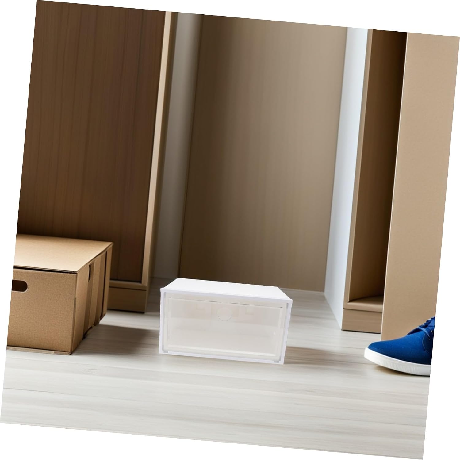 Yardwe Plastic Shoe Storage Box with Dustproof Cover, 34×18×25cm Stackable Organizer for Sneaker and Boot Storage, Side-opening Light-colored Door, Large Capacity Shoe Organizer for Home