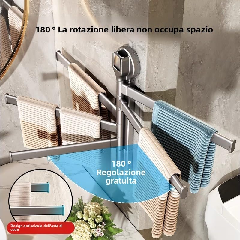 Porte-serviettes de bain multi-tiges mural rotatif à ventouse sans perçage - 4