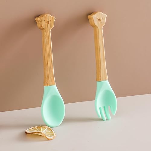 Miniatura 2 de Cuchara de alimentación para bebés, tenedor y cuchara de silicona de madera de bambú y silicona para bebés, cucharas de punta de silicona curvadas