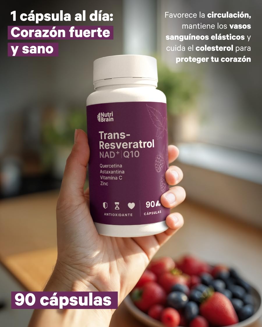 Resveratrol & NAD + Coenzima Q10, Zinc, Astaxantina y Vitamina C - 90 Cápsulas (3 Meses) - Potente Antioxidante, Antiedad, Bienestar Cognitivo, Energía e Inmunidad