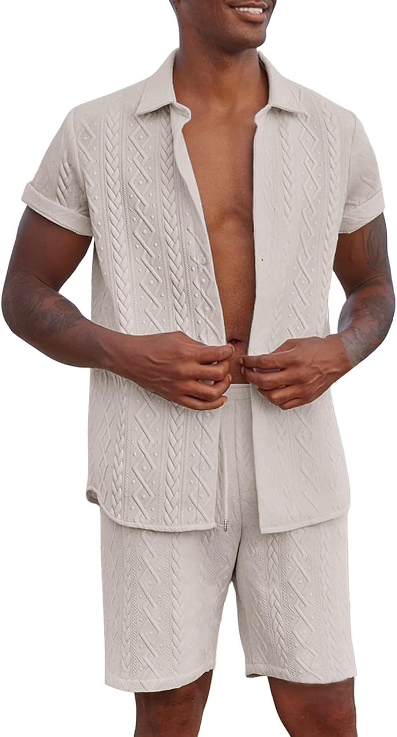 Mens Summer Beach Outfits Short Sleeve Button Down Knit Shirts Casual Shorts Sets Lightweight Vacation Texture Set