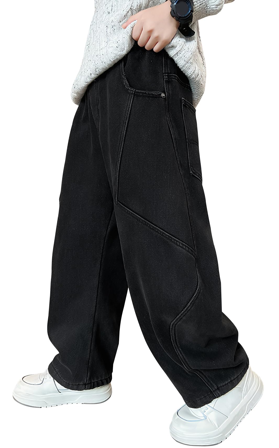 SEAUR Jeans Larghi per Bambini Streetwear con Tasche Gamba Larga Pants Elastico in Vita Pantaloni Cargo in Denim