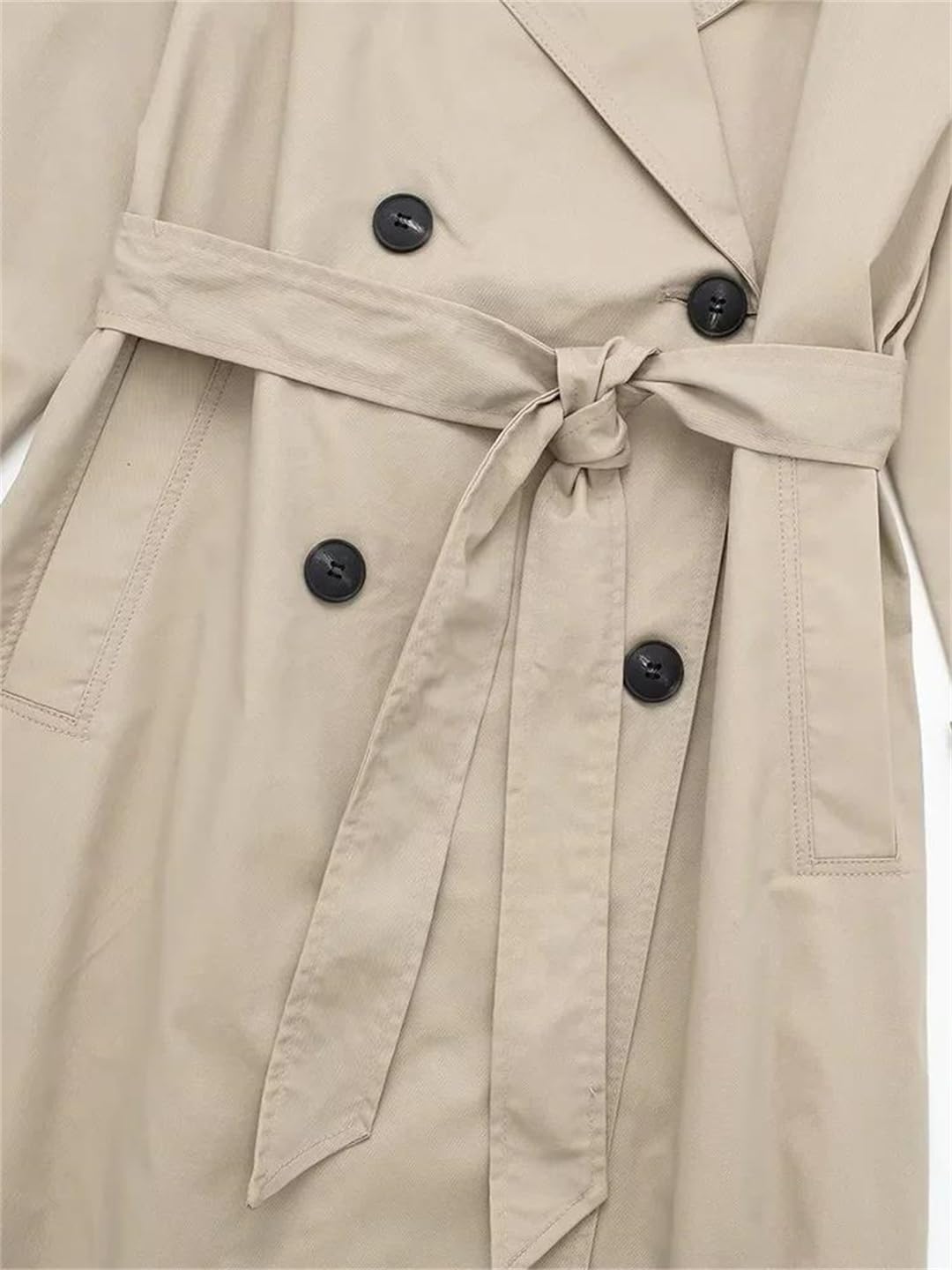 Women's Solid Double Breasted Vintage Lapel Belted Casual Trench Coat
