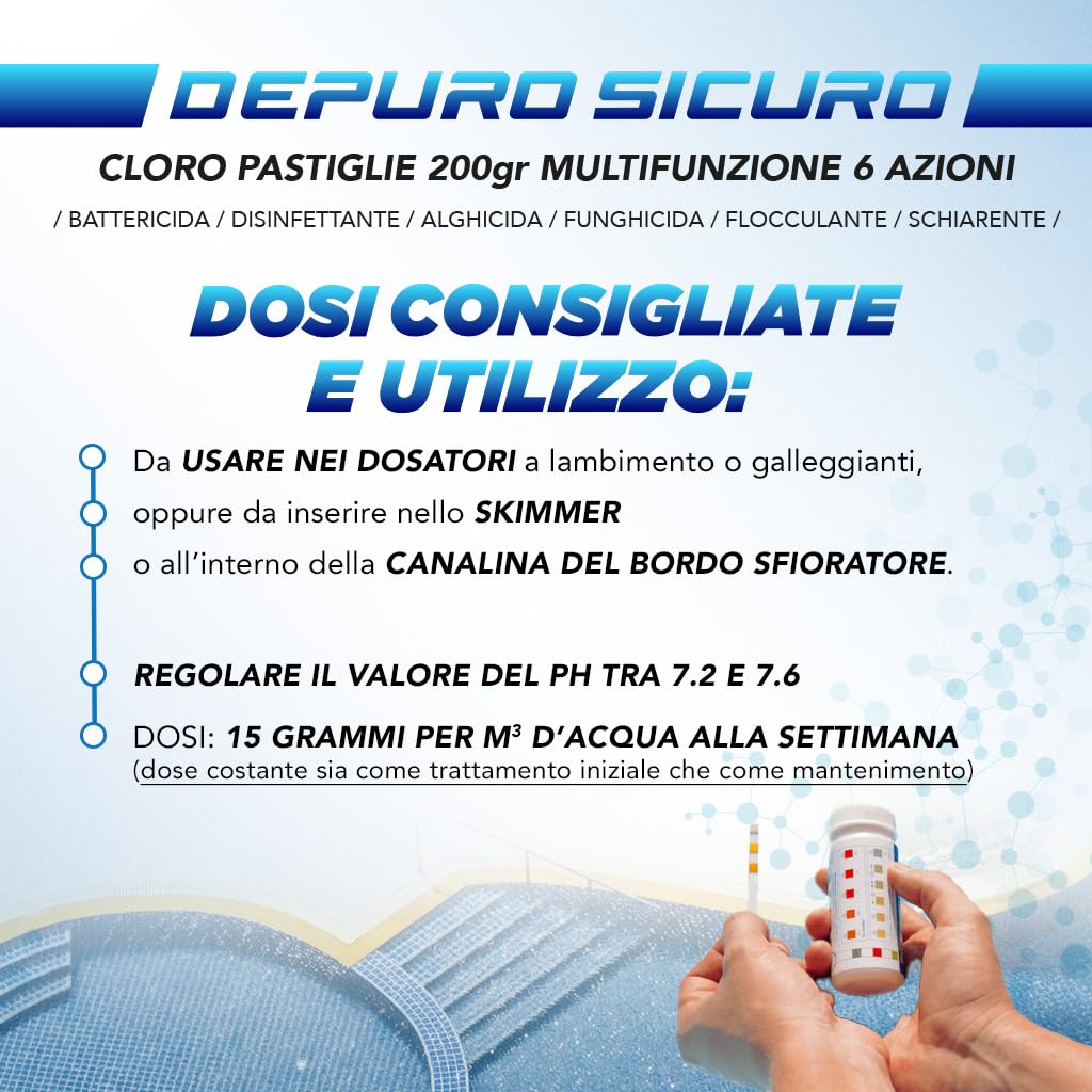 Naturii Cloro Multifunzione, Pastiglie 200 g Cloro Polifunzione Dicloro, Alghicida, Flocculante per Acqua Piscina kg 10 (1)