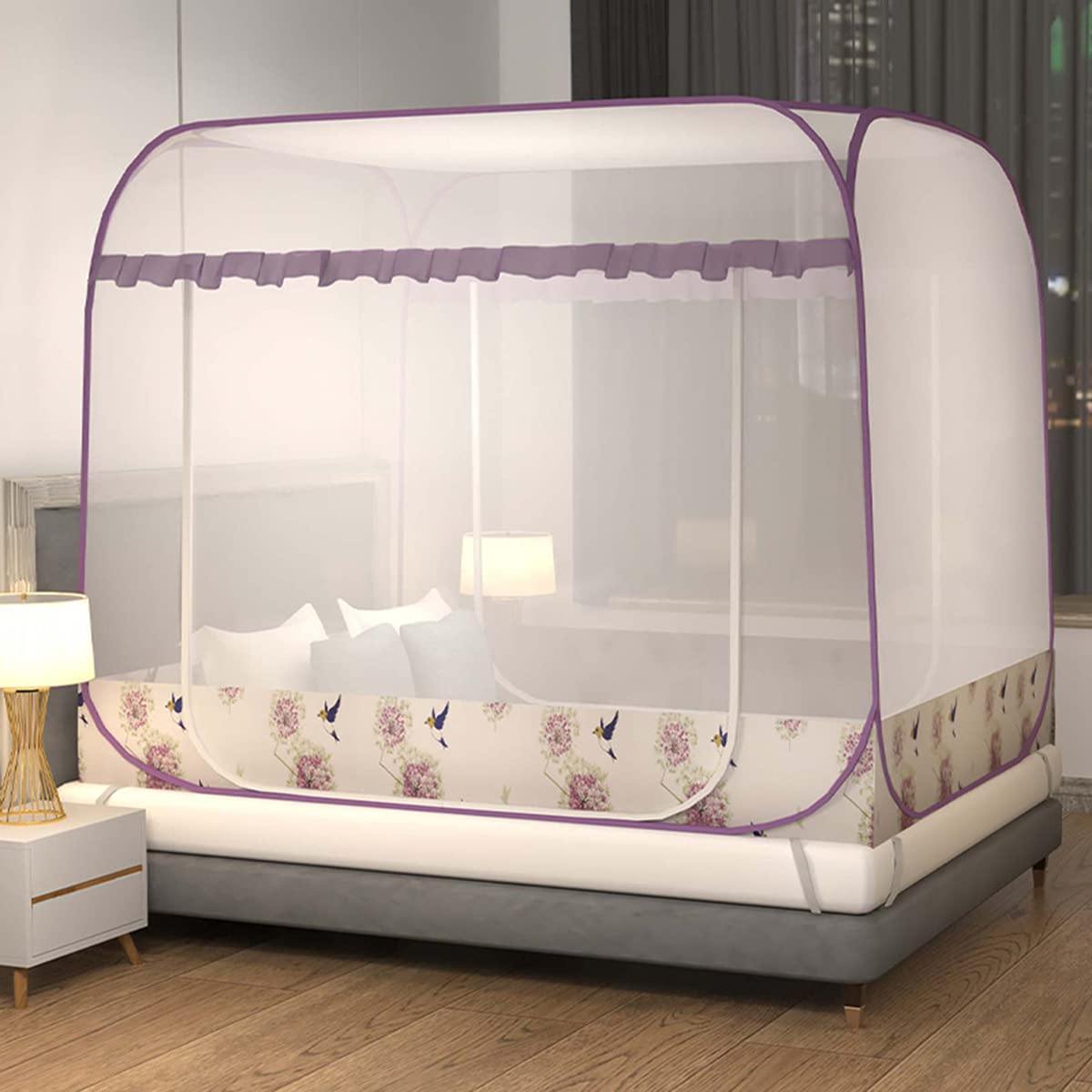 GJMSSMY Pop Up Mosquito Net, Foldable Anti-mosquito Bed Canopy, Polyester Curtains Dustproof Roof, Universal Camping Tent for Single Bed Double Bed Free Installation,Purple,1.5 * 2M