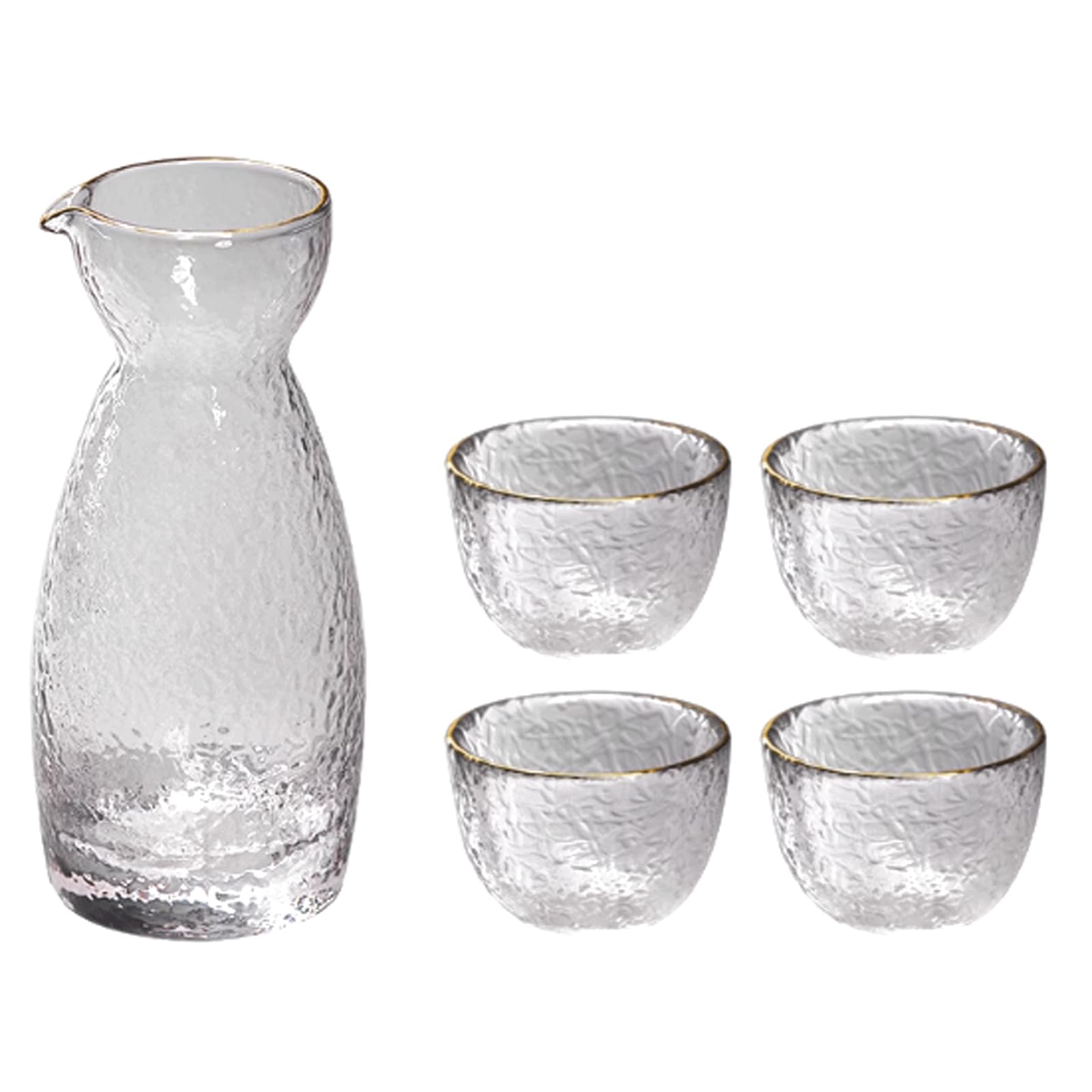 Juego de Copas de Sake de Cristal Hechas a Mano, Copas Transparentes de Cristal Mate Martillado, Juego de Sake, una Olla, Cuatro Copas de Sake, Juego para Beber Sake