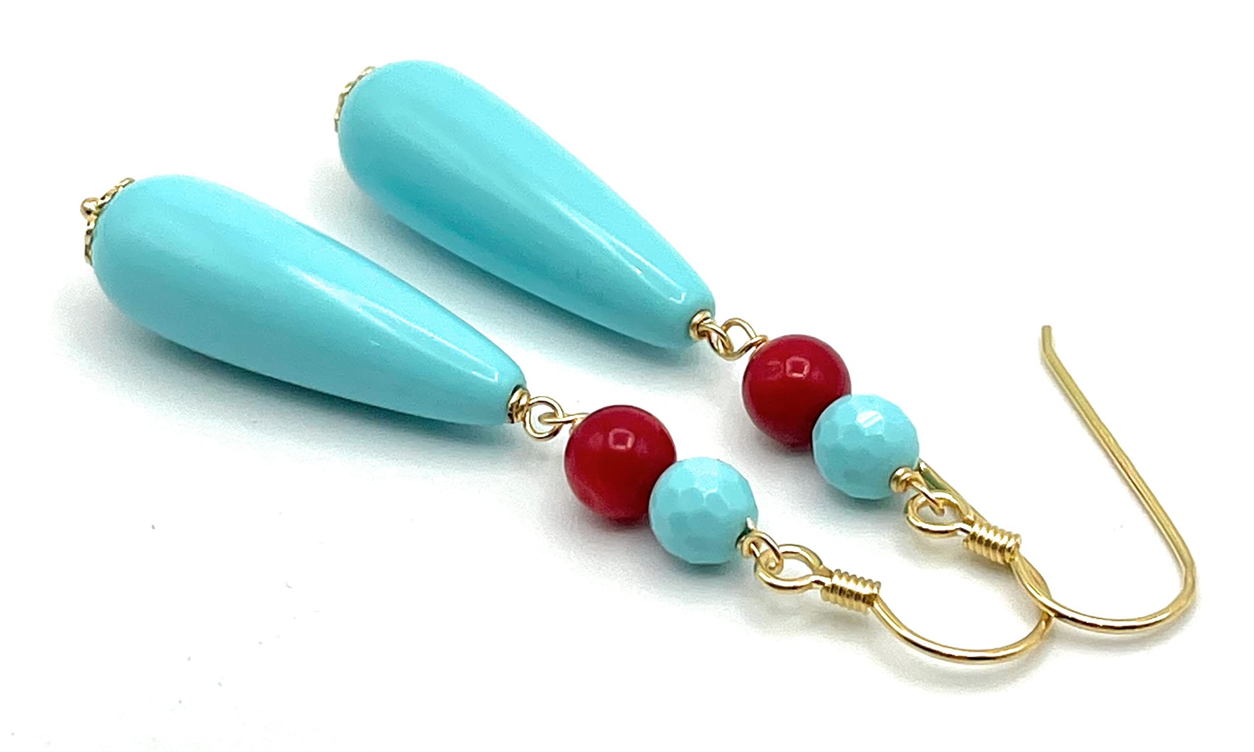 Orecchini con Gocce Turchesi e Corallo Rosso, Pendenti in Argento 925 Dorato 24 K Made in Italy, Gioielli Classici, Regalo per Lei