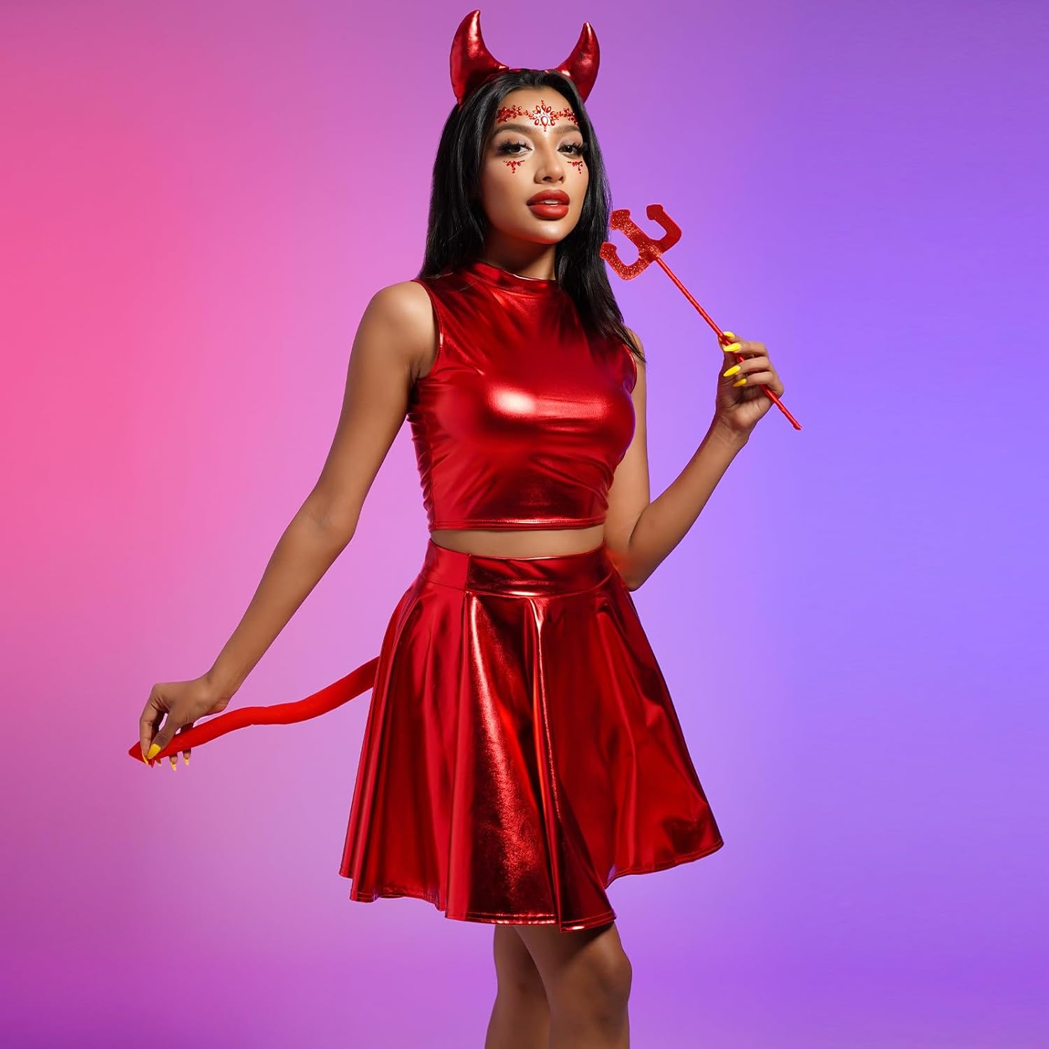 ODIZLI Women Halloween Angle Devil Costume Outfit Wings Halo Headband Wand Devil Horn Pitchfork Tail Cosplay Set