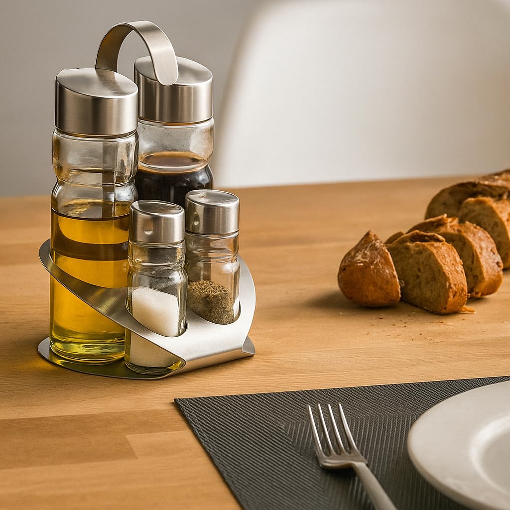 MGE - Set Olio e Aceto con Sale e Pepe - 4 Pezzi con Supporto in Acciaio Inox - Bottiglie in Vetro Ricaricabili Antigoccia - Elegante per Cucina e Tavola