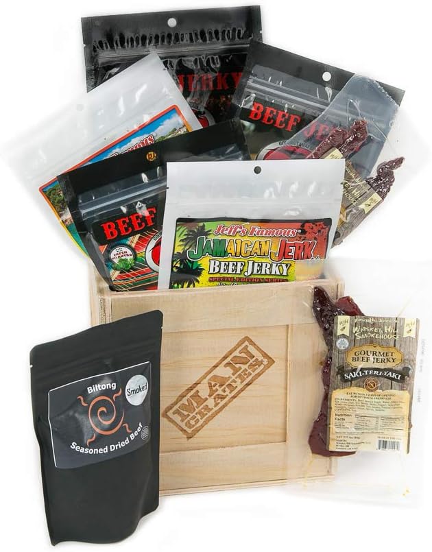 Man Crates World Tour Jerky Crate – Includes 8 Deliciously Rare Jerky Flavors From Five Continents – Including Caribbean Rum, Teriyaki and More