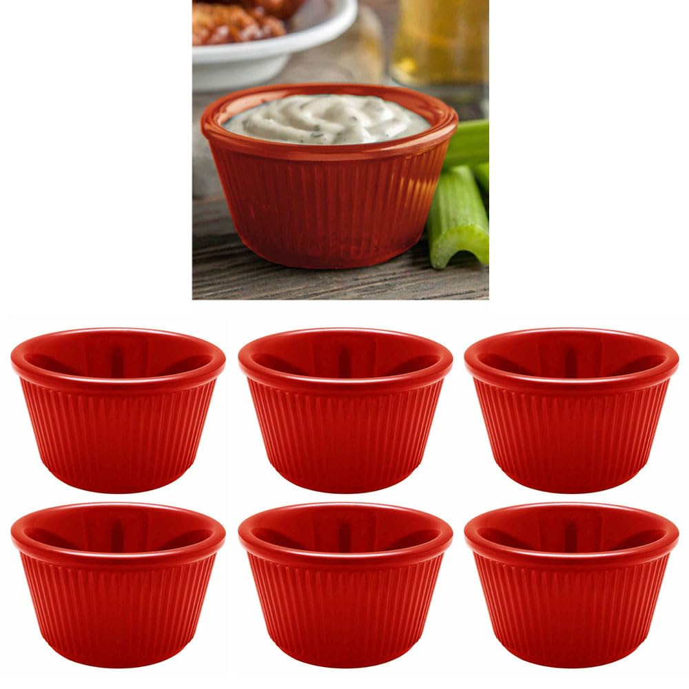 6 Mini Ramekins Red Melamine Condiment Bowl Souffle Dish Saucer Cups BPA Free 1.5oz Small Condiment Container Fluted Durable Dining Kitchen Essential Custard Syrup Dipping Sauce Dip Appetizer Sample