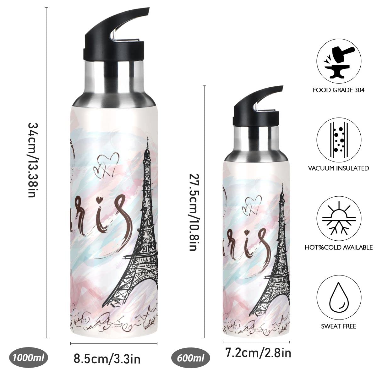 Edelstahl Wasserflasche mit Strohhalm, Paris Tower Isolierte Trinkflasche Sport Wasserflasche für Kinder Erwachsene, auslaufsicher, 1L