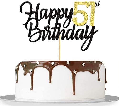 Miniatura 5 de Decoración de pastel de cumpleaños 51 con purpurina para 51 aniversario, decoración de cumpleaños 51 años, decoraciones doradas para tartas de