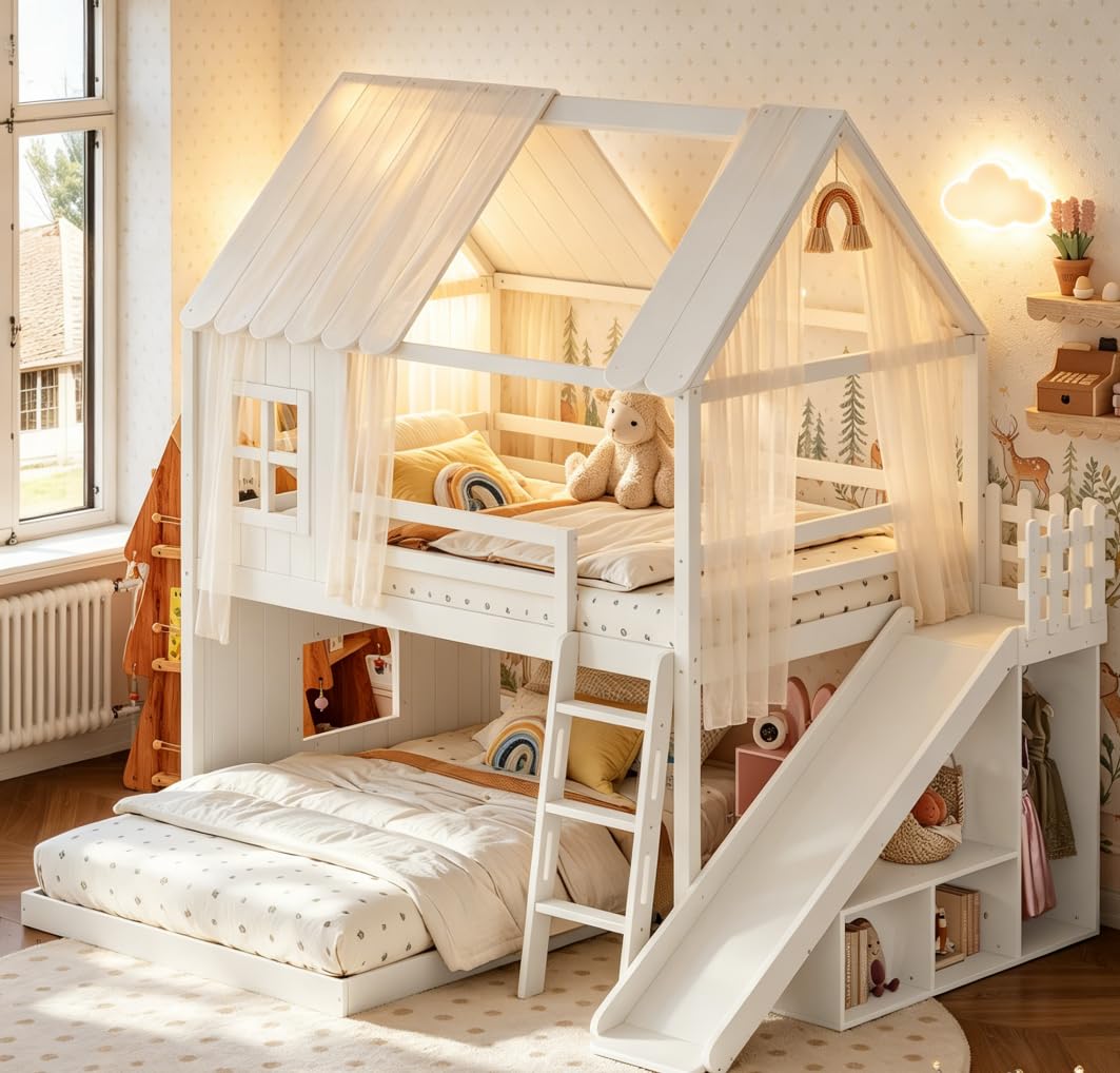 Bellemave Bunk beds Full Over Full with Slide,Ladders,Bookshelf and Wardrobe House roof Design, Low bunk/loft Bed for Kids，White