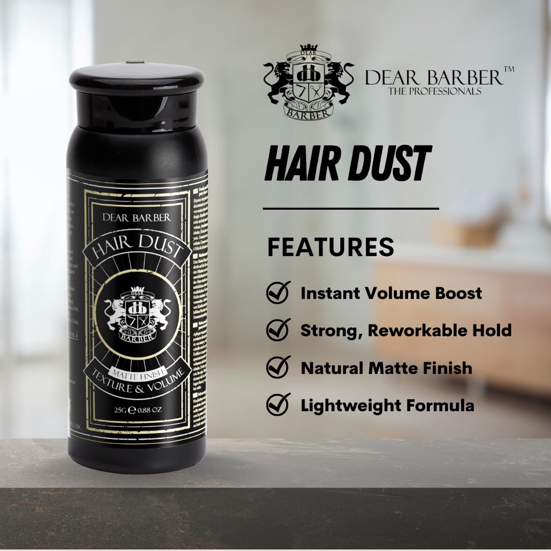 Dear Barber Poudre Coiffante Homme 25g – Poudre Texturisante et Poudre Volume Cheveux – Fixation Forte et Fini Mat Naturel – Poudre Cheveux Homme Invisible Facile à Rincer – Qualité Professionnelle