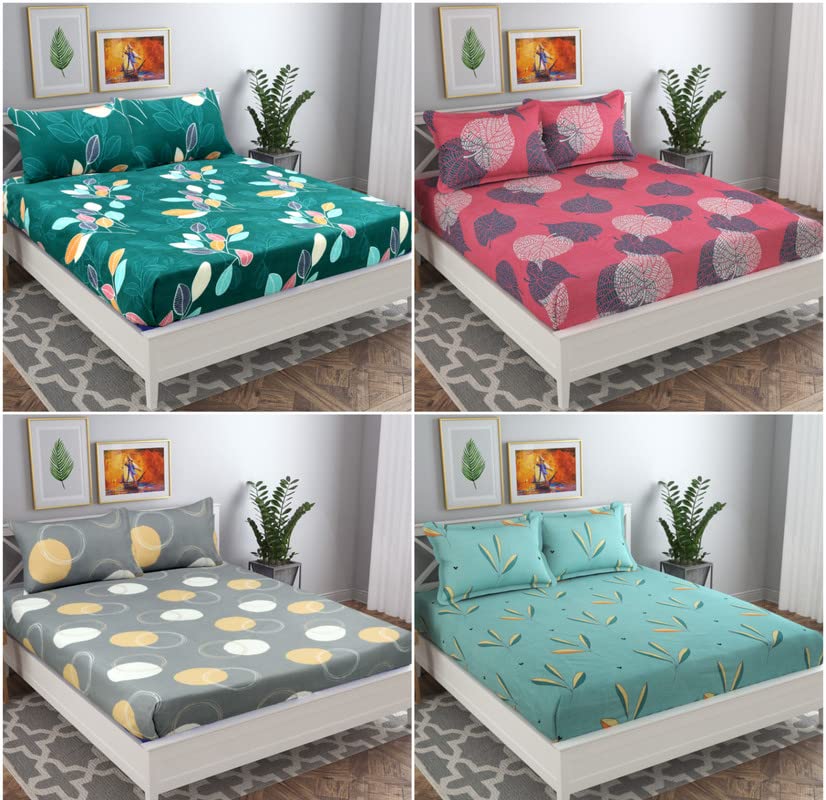 BSB HOME 180 Tc Glace Cotton Microfibre Prime Collections Bedsheet for Double Bed Combo Set of 4 Bedsheets & 8 Pillow Covers-Pink Grey & Green