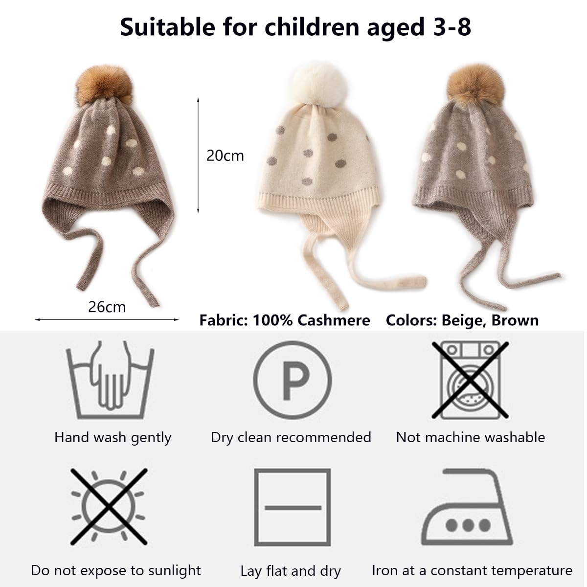YUONNY Bambini Cappello a Maglia con Paraorecchie e Pompon Staccabile, 100% Cashmere Berretto Invernale Caldo e Morbido per 3-8 Anni Bambini Bambine, Adorabile Orecchie Cappelli per Sci Sport Regalo