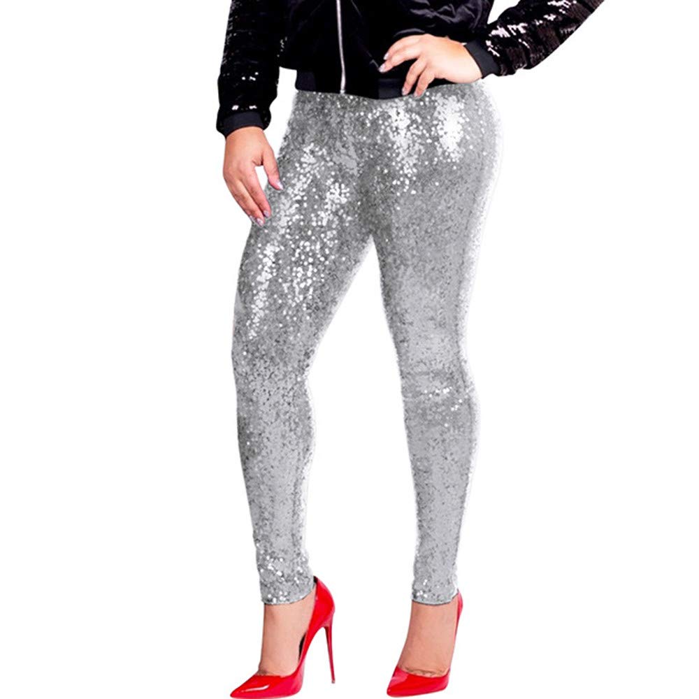 Dreamyth Summer Women Plus Size Shiny Sequin Slim Leggings Pants