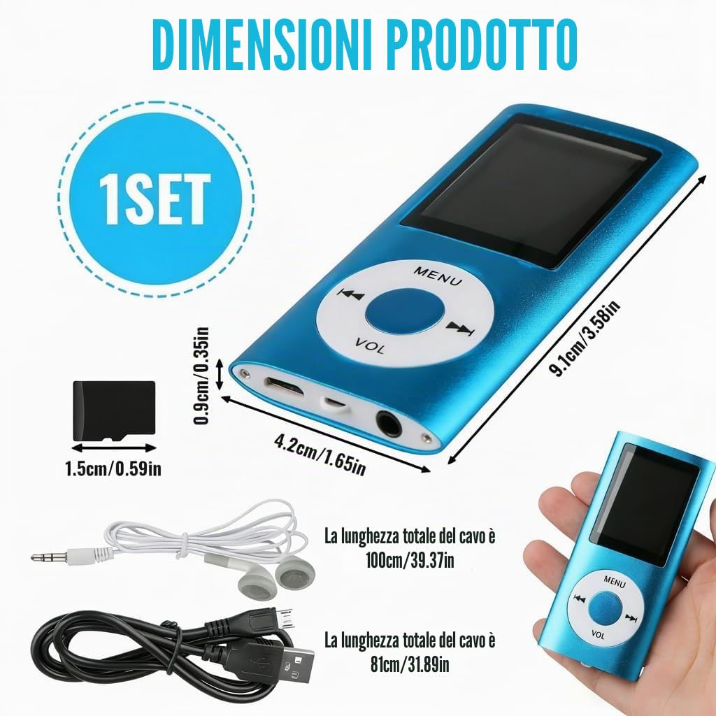 MP3 Lettore Musicale HiFi Portatile Senza Perdita Con, Blu, Con Schermo LCD Da 1,8 Pollici E Slot Di Memoria, Max Support 32 GB Memory Card, Dispositivo Multifunzionale Per Sport E Bambini