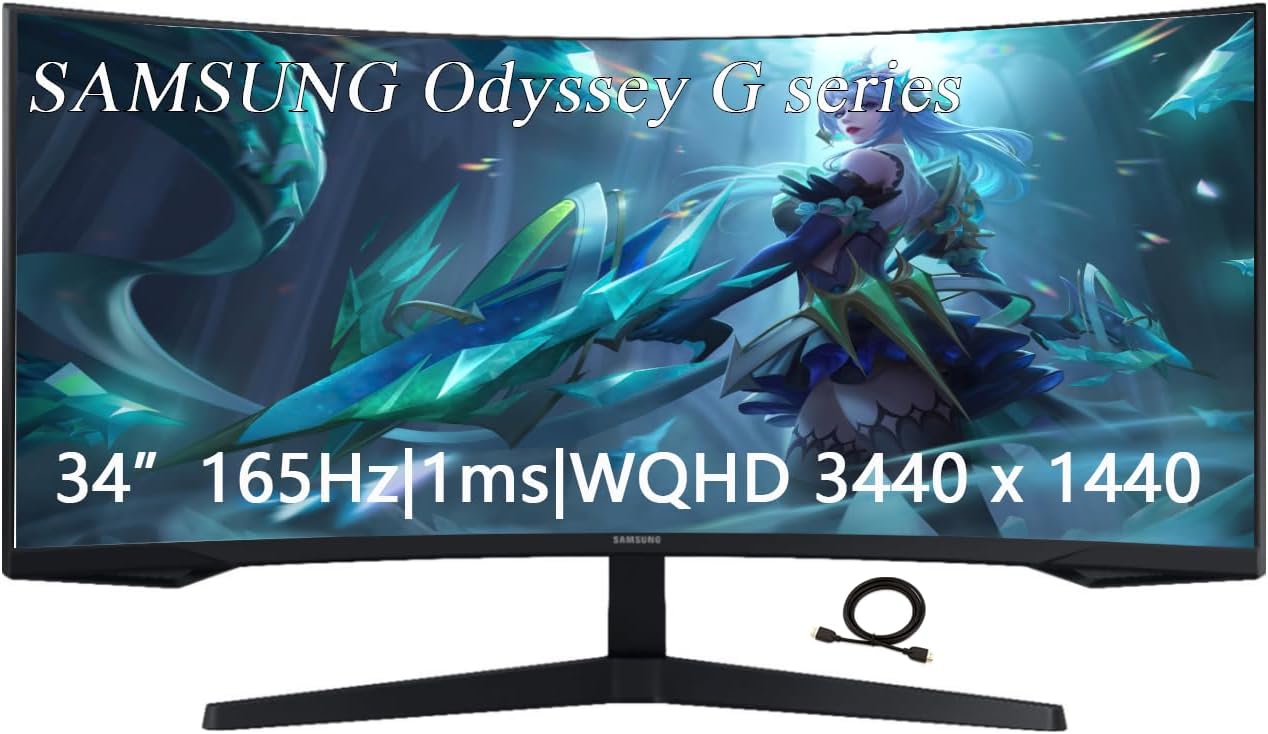 34" Odyssey G Series WQHD Gaming Monitor, FreeSync Premium, 1000R UltraWide Curved, 165Hz, 1ms, Black, with GSF HDMI Cable