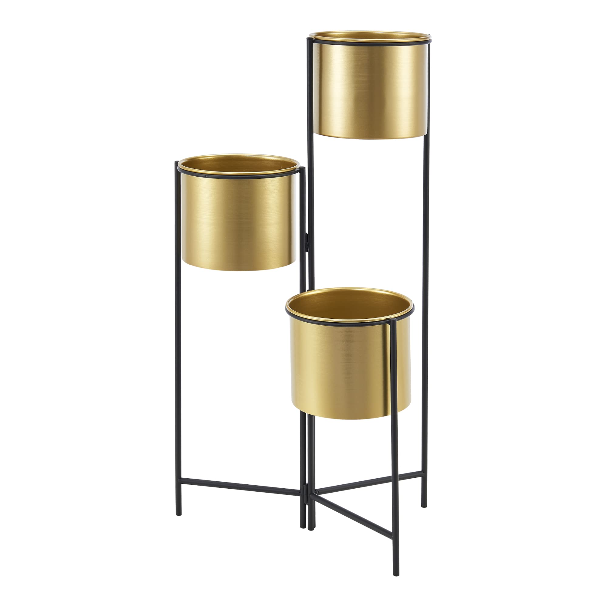 Soporte Para Plantas Plegable De 3 Niveles - Metal Negro Con Maceteros Latón, 80x45x45 Cm