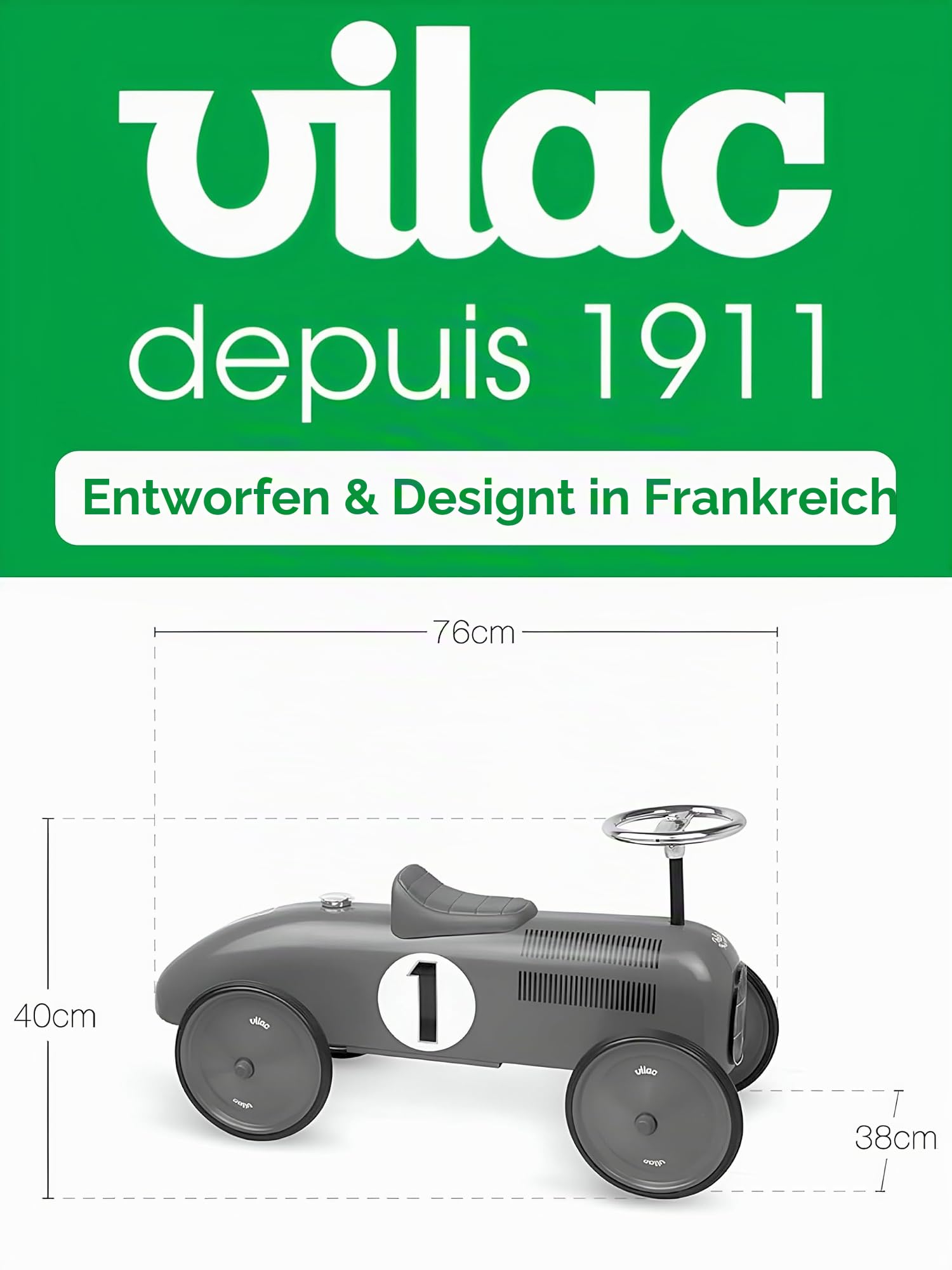 Vilac - Kindertrage - My Oldtimer-Rennwagen aus schwarzem Metall - Entwickelt die motorischen Fähigkeiten Ihres Kindes - Metallfahrzeug - Kinderfahrzeug - Ab 18 Monaten - 1121, Blau