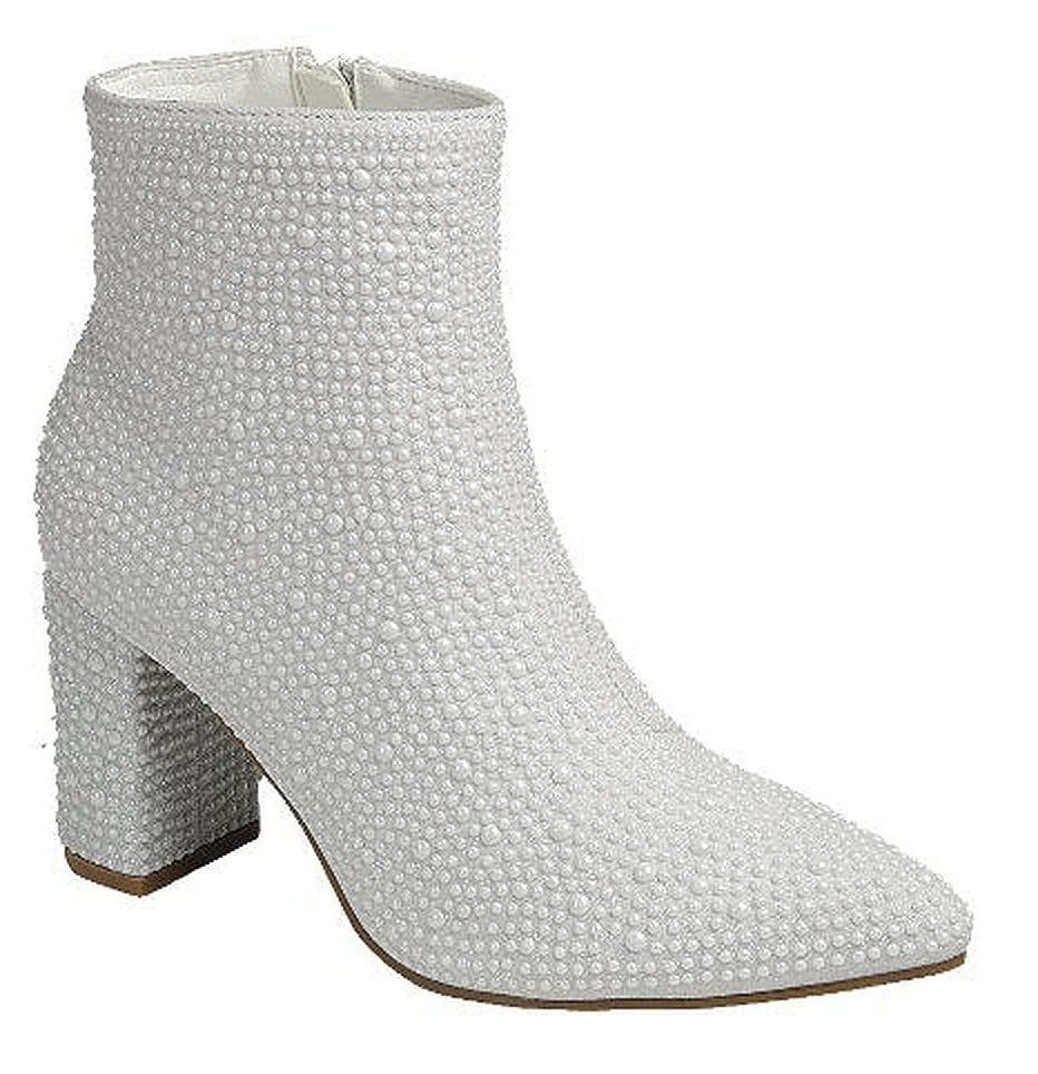 Women Rhinestone Block Chunky Heel Ankle Bootie Iceberg 12 By Forever shoes Ivory Size 9