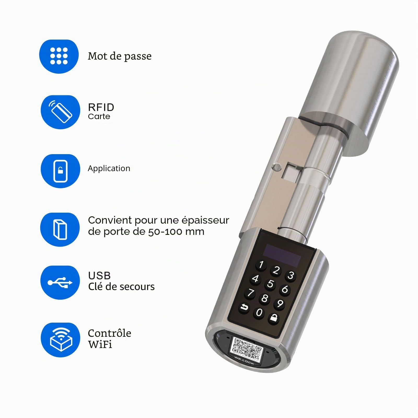 RUILON PCB01 Serrure connectée à code 40x30 - Cylindre electronique | Serrure intelligente avec 1 cache silicone 3 cartes RFID, portes 50-100 mm, Code temporaire, Clavier rétroéclairé, Airbnb