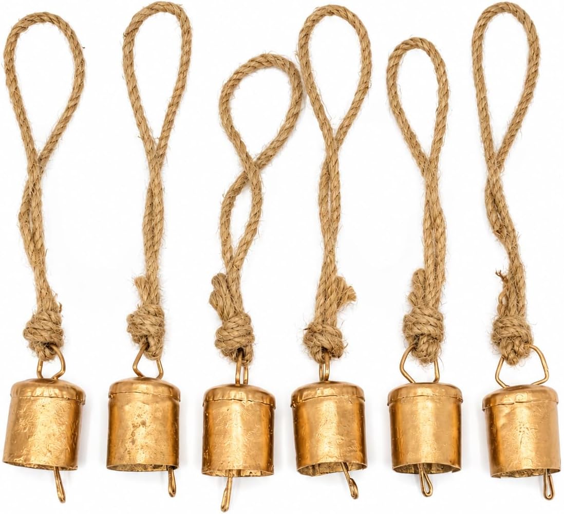 Brass Rustic Christmas Bell Small Vintage Rustic Lucky Tin Metal Cow Bells Handmade Christmas Décor Bells on Jute Rope (6, Cylinder) Hanging Bells for Decoration Cow Bells Christmas Decor