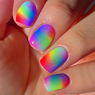 IMRAIN Short Square Press on Nails Colorful Ombre Fake Nails with Designs Cute Rainbow Color Gradient Glue on Nails Full Cover Glossy Acrylic Nail Supplies Summer False Nails