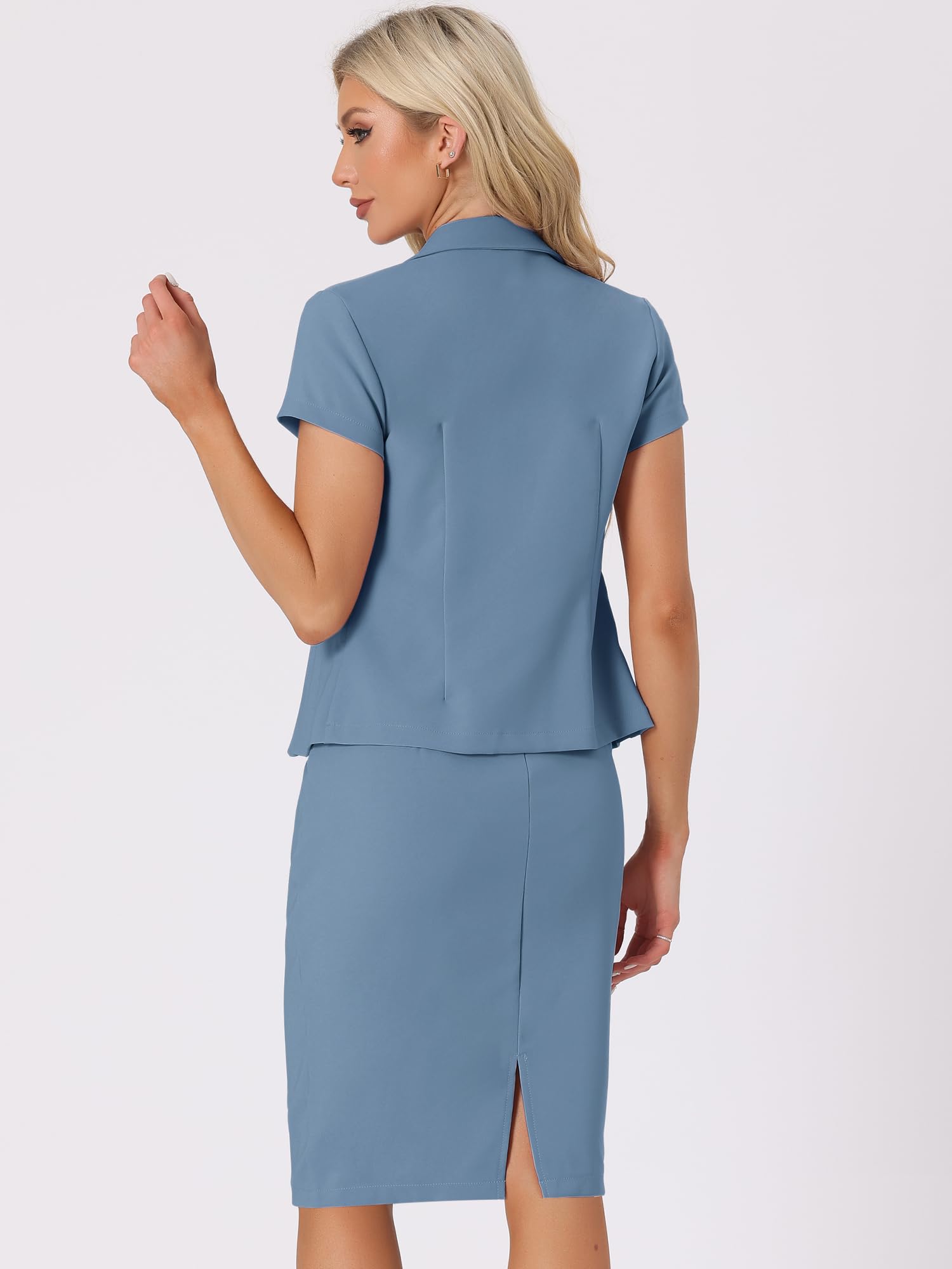 Allegra K Conjunto de Traje de 2 Piezas de Negocios para Mujer, Manga Corta, Chaqueta, Falda lápiz