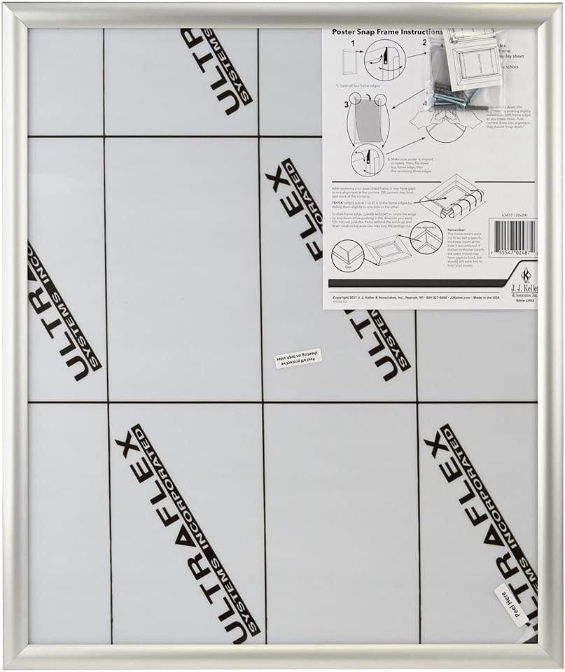 Aluminum Snap Poster Frame, 20 x 24 Inch, Clear Gloss Finish Overlay, Wall Mounting with Screws and Drywall Anchors, J. J. Keller & Associates, Inc.