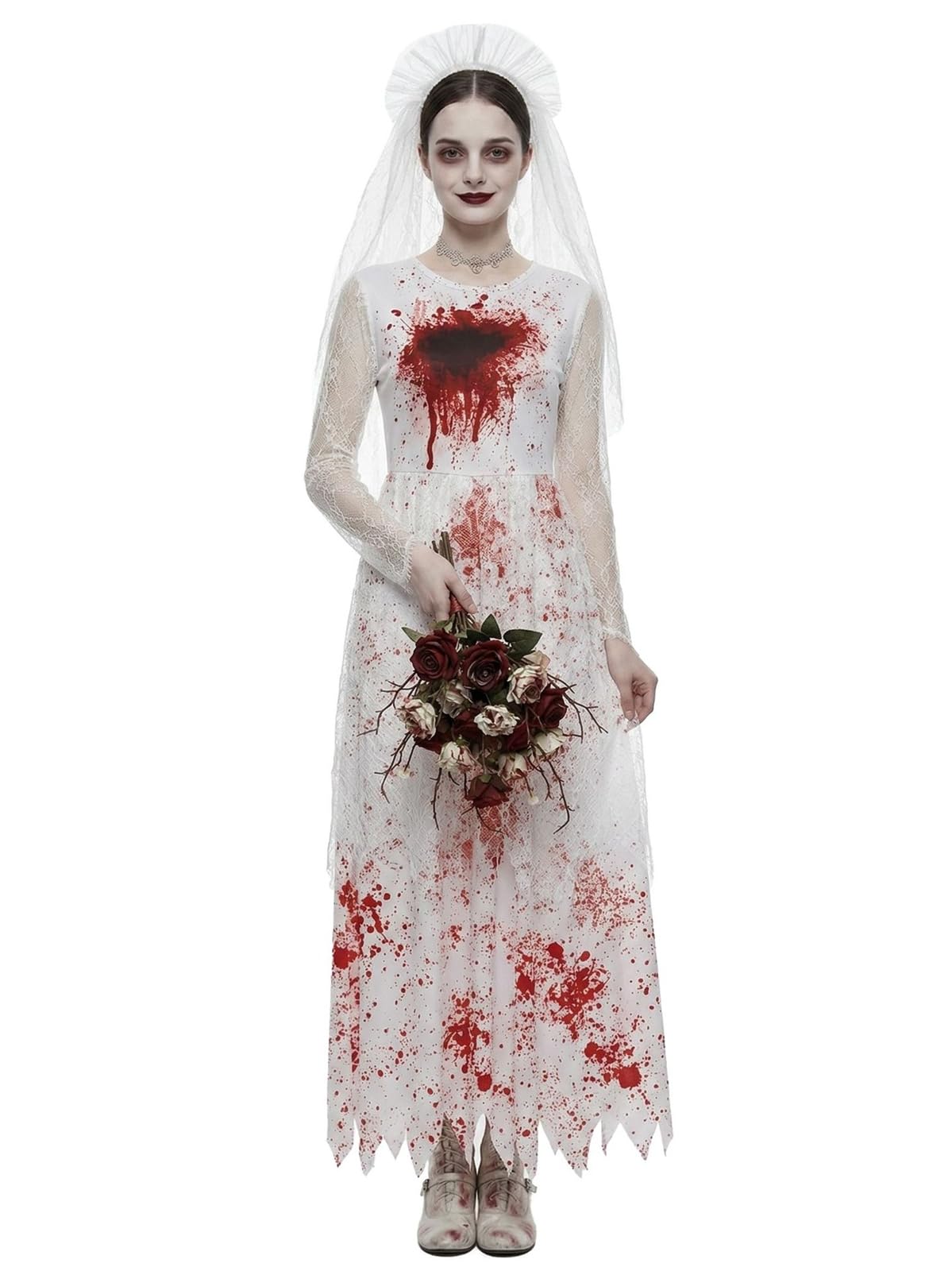 Costume da Sposa Fantasma Donna con Macchie di Sangue, Abito da Cosplay e Set di Accessori per Capelli per Festa di Halloween, Costume di Carnevale