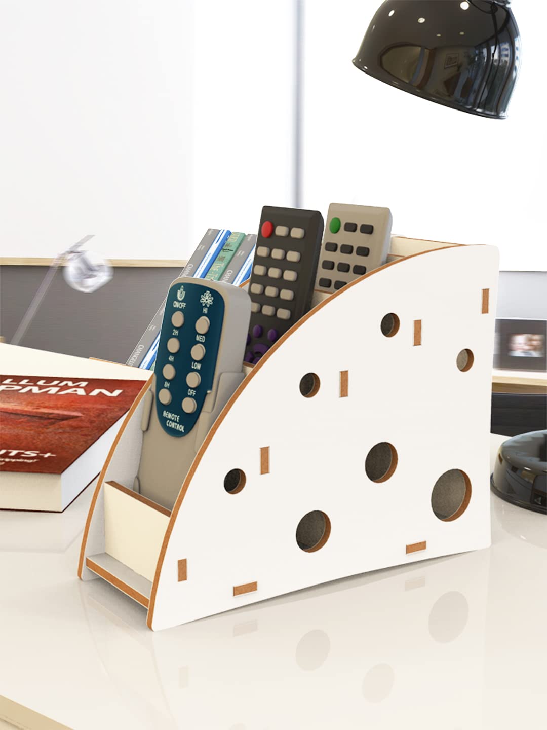Home Sparkle MDF Designer Remote Control Holder Stand Organizer for TV/AC Remotes-Multipurpose Desk Organise (White)