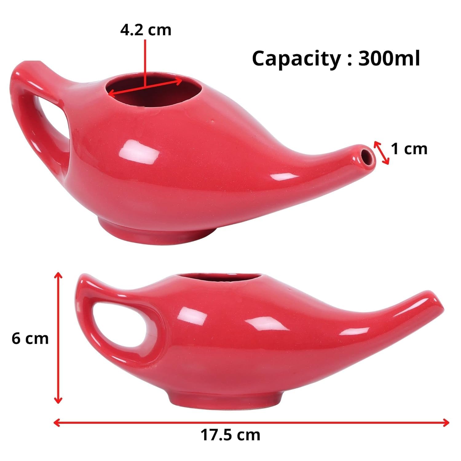 QIMACPLUS Leak-Proof Durable Ceramic Jal Neti Pot | Non-Metallic, Lead-Free, Microwave & Dishwasher Safe with Comfortable Grip | 1 PCS (Red - 220 ML) 3