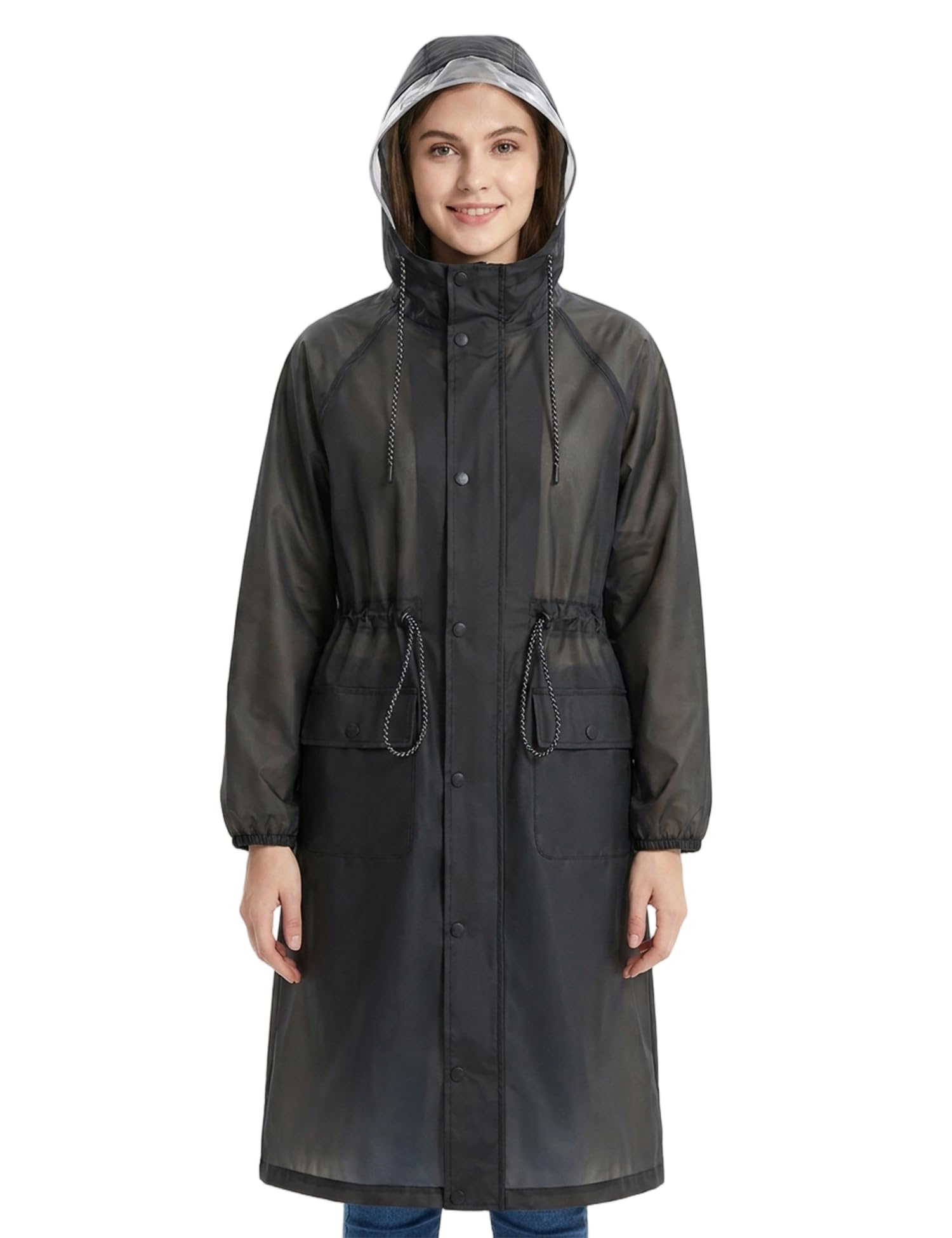Women's Long EVA Raincoat, Hooded Rain Jacket with Drawstring Waist, Windproof Rain Coat with Zipper & Snap Closure, Packable Rainwear for Travel, Commuting & Outdoor-image-33