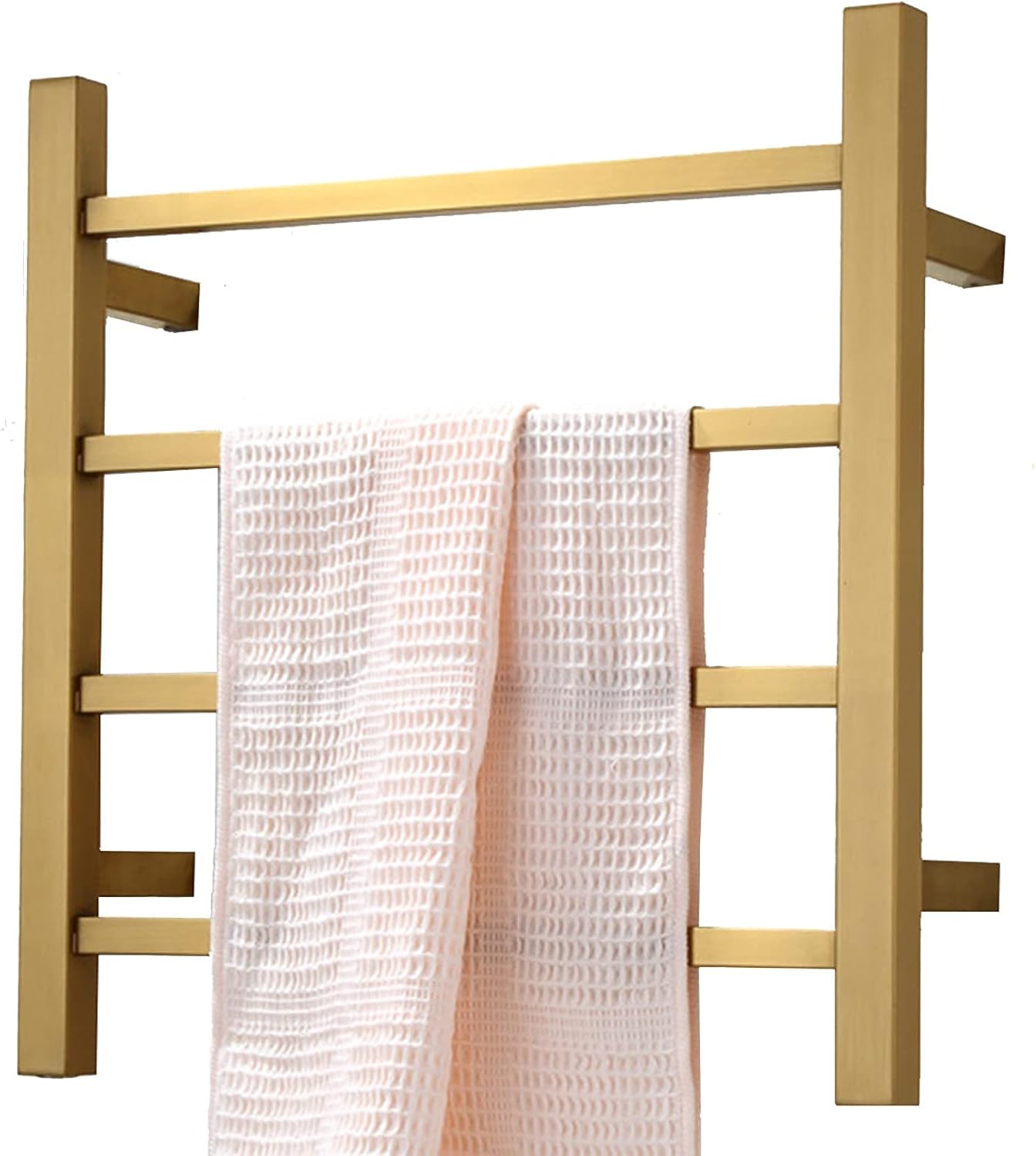 Towel Warmer, 4 Square Brushed Gold Electric Heated Towel Rack, Bars 304 Stainless Steel Electric Drying Rack Wall Mounted Bath Towel Heater Rail,Hardwired (Plug in)