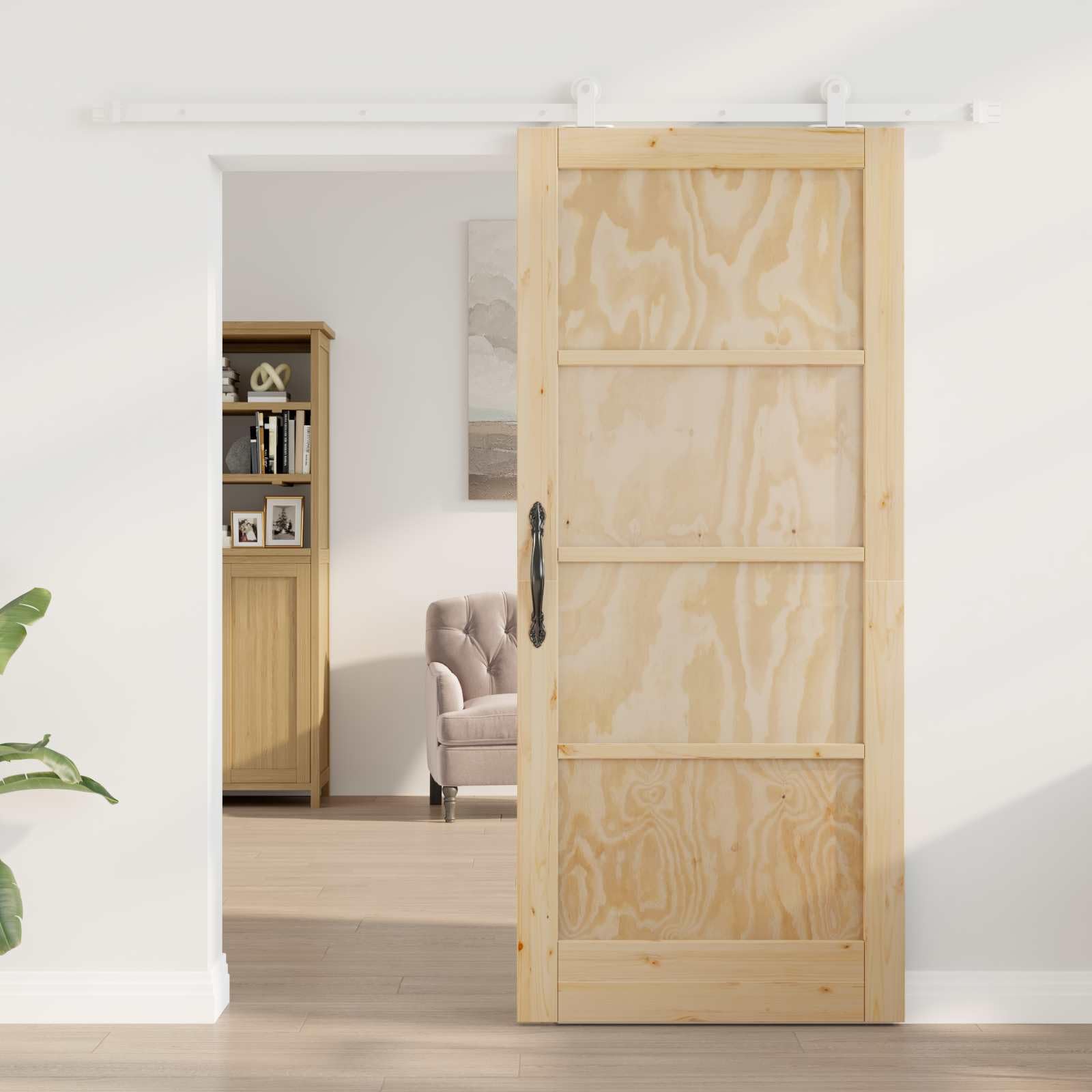 Porta scorrevole in legno di pino massello, 86 x 198,5 cm, divisorio con sistema scorrevole per interni, bianco e legno