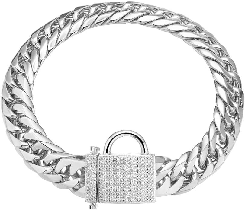 Heavy Double Cuban Link Chain Dog Collar Stainless Steel Silver Chain for Dog, Waterproof, Chewproof, Luxury Zirconia Lock Dog Necklace, Width16MM Dog Chain Collar for Medium Large Dogs(24'')