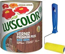 Verniz Base Água 900ml Madeira Lukscolor, Rolinho Espuma 9cm (Brilhante Mogno + Rolinho 9cm)
